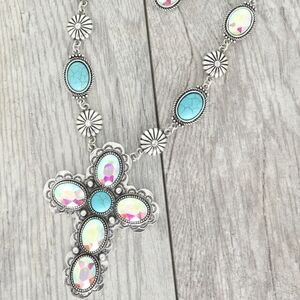 Western Crystal Turquoise Cross Necklace Set